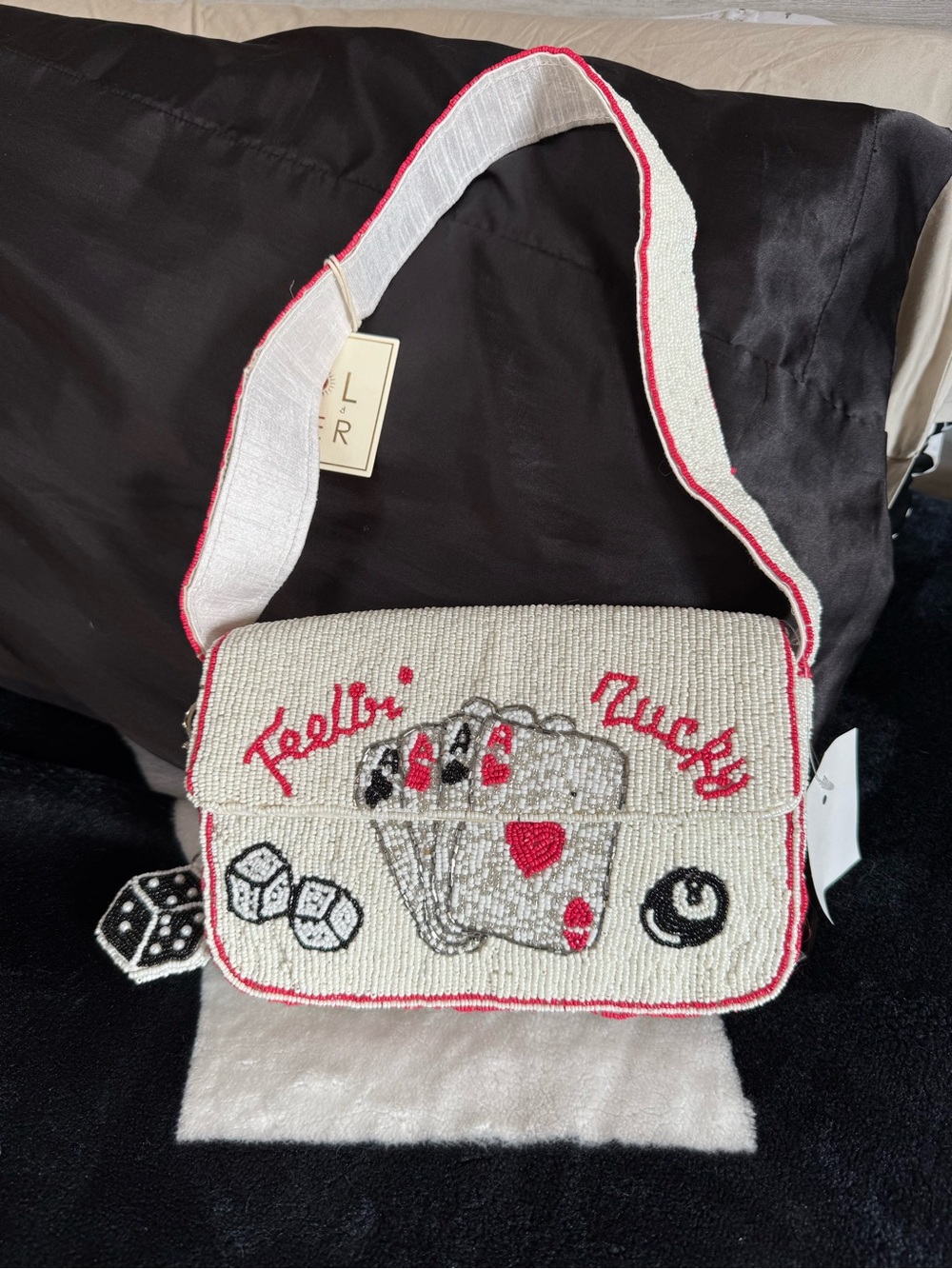 Beaded 'Feelin' Lucky' White and Red Shoulder Bag